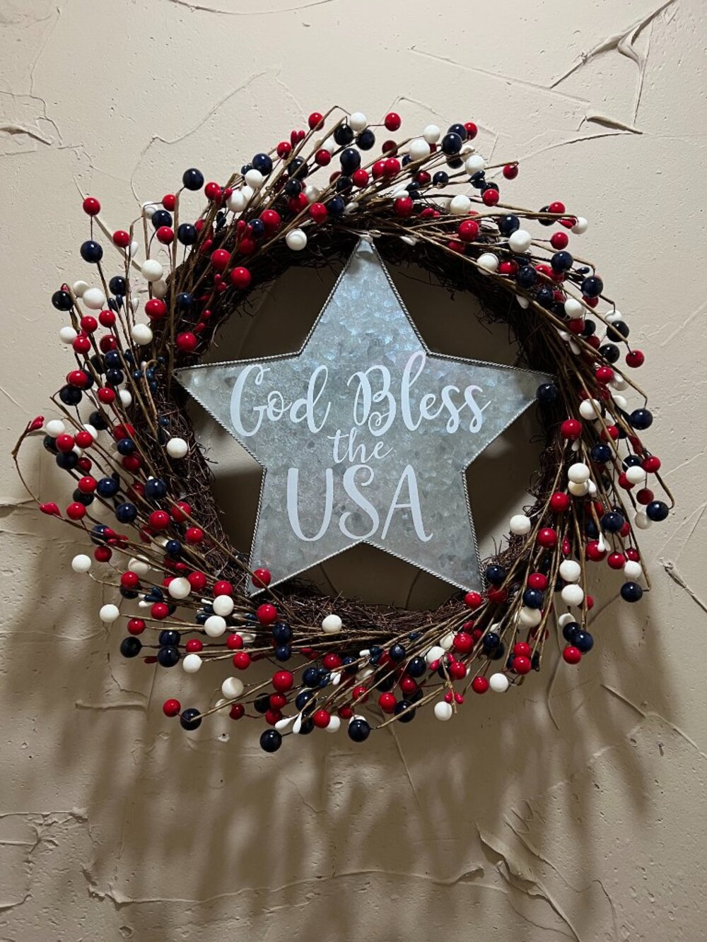 Patriotic Grapevine Wreath God Bless The USA Farmhouse Red White Blue Decor